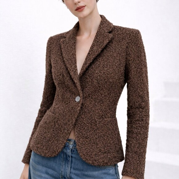 NEW ZARA Wool Bouclé Fitted Blazer in Brown Single Button Tailored Jacket Size S - Picture 4 of 15